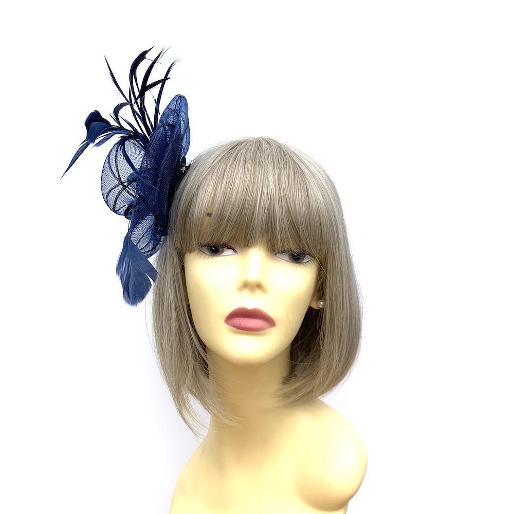 Coiled Crinoline Navy Flower Fascinator with Feathers-Fascinators Direct