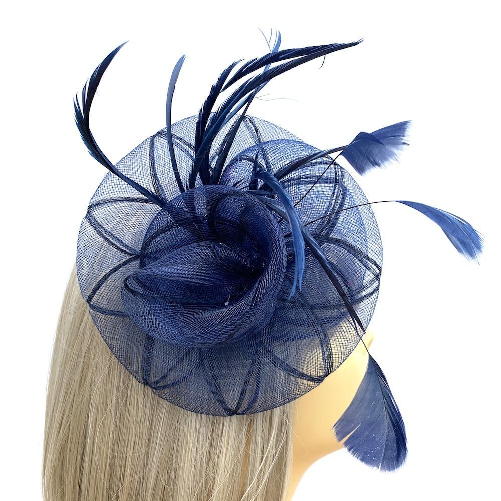 Coiled Crinoline Navy Flower Fascinator with Feathers-Fascinators Direct