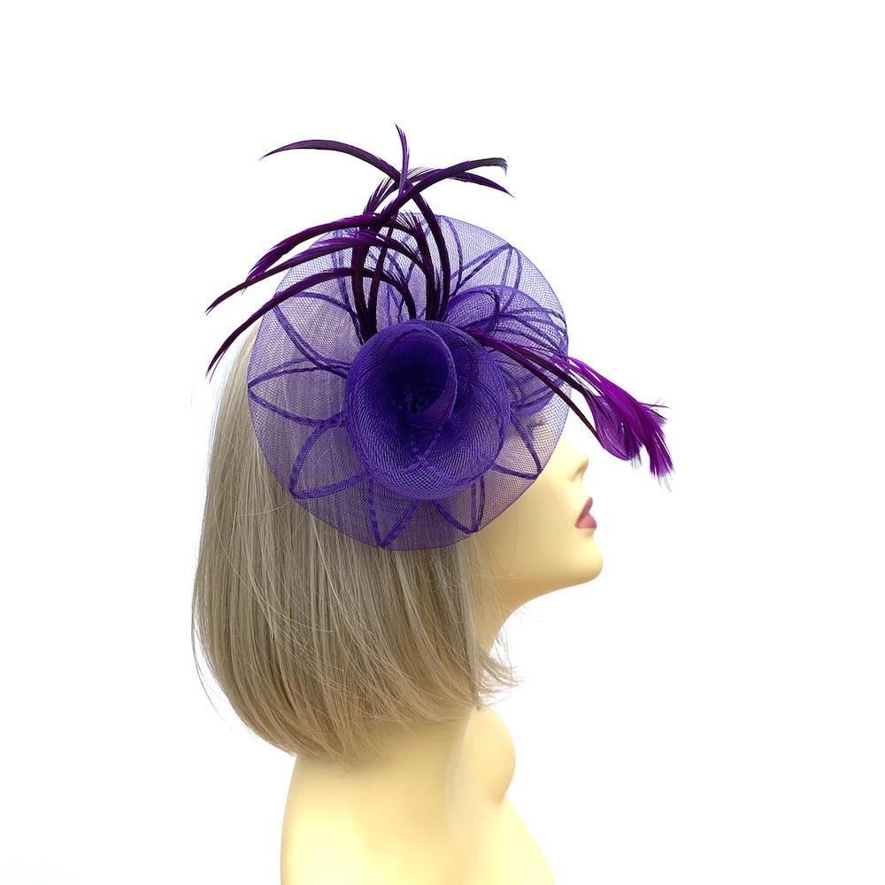Coiled Crinoline Purple Flower Fascinator with Feathers-Fascinators Direct