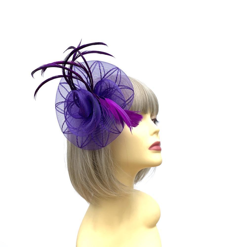 Coiled Crinoline Purple Flower Fascinator with Feathers-Fascinators Direct