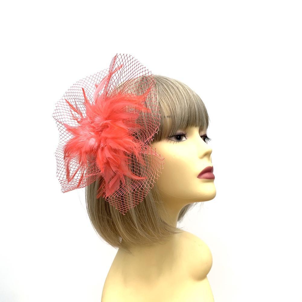 Coral Fascinator Clip with Feather Flower & Netting-Fascinators Direct