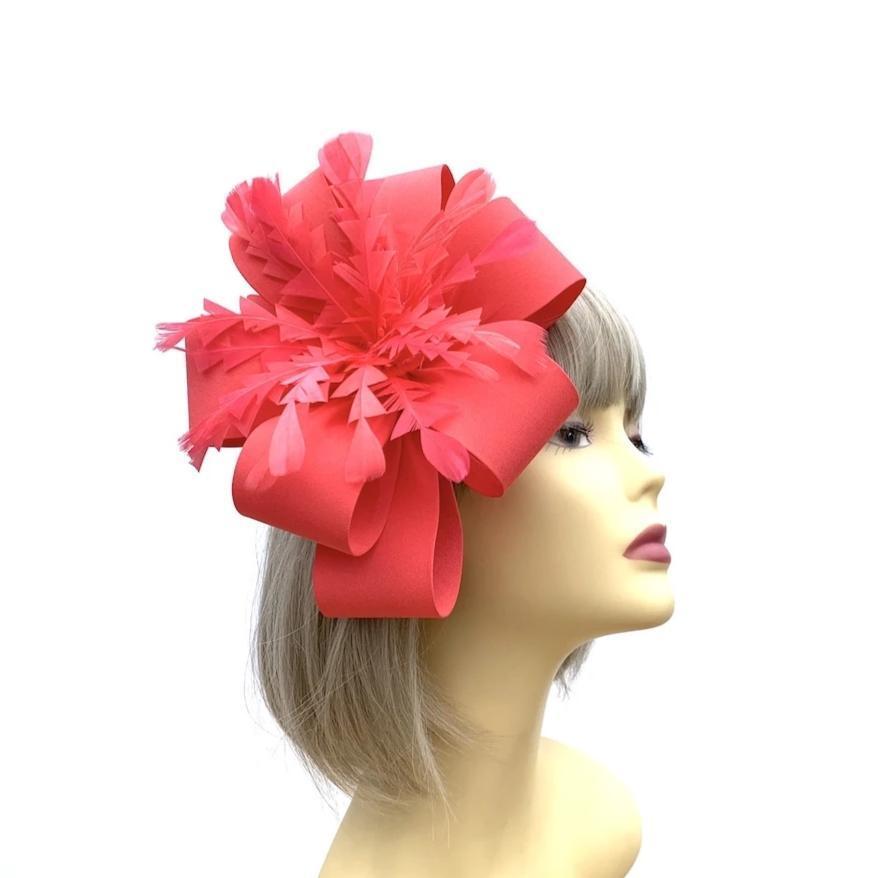 Coral Fascinator on comb with Big Loops & Feathers-Fascinators Direct