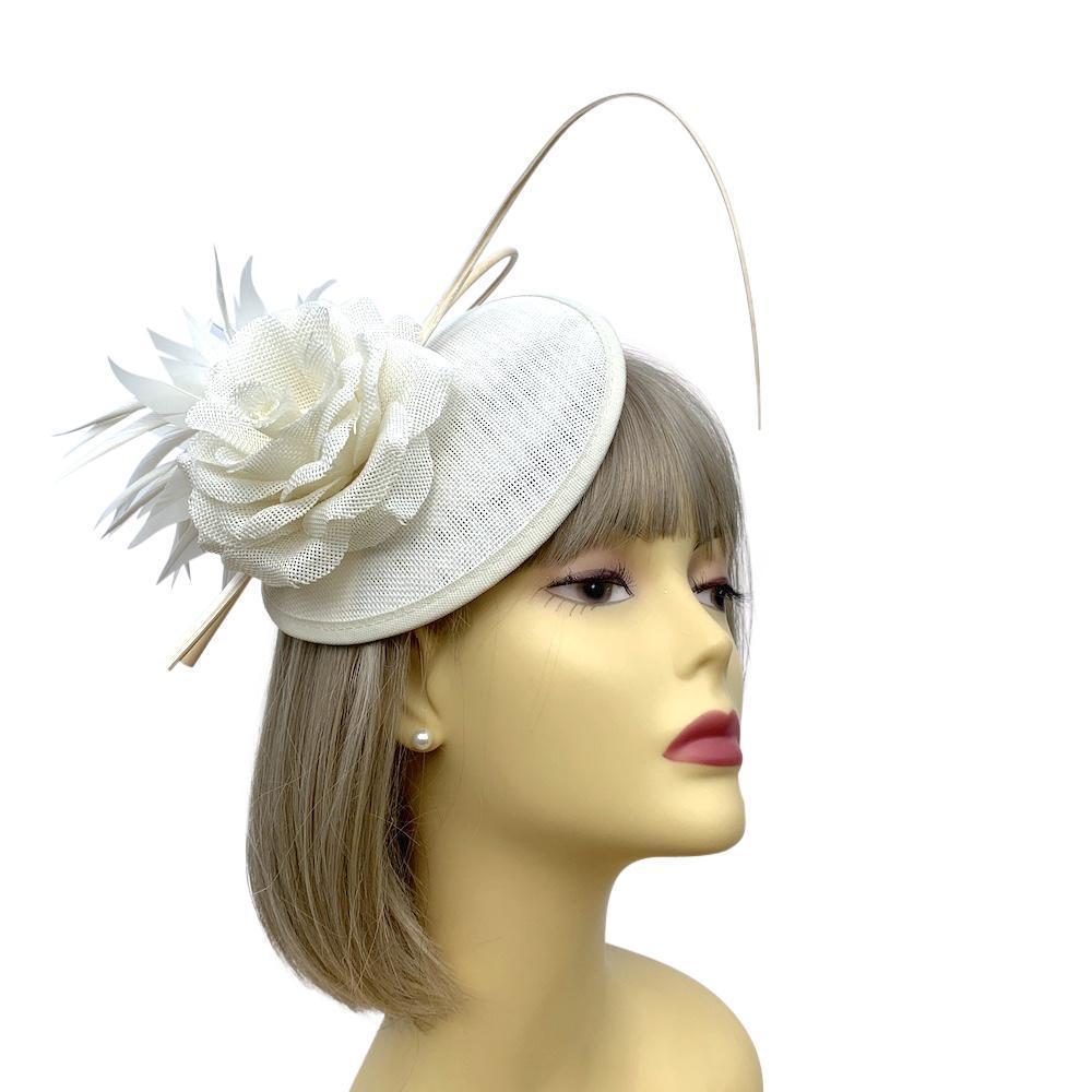 Cream Fascinator Hat with Curled Quills and Feather Flower-Fascinators Direct