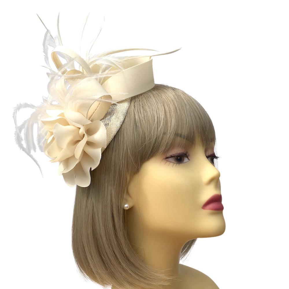 Cream Flower Fascinator with Looped Ribbons & Wispy Feathers-Fascinators Direct