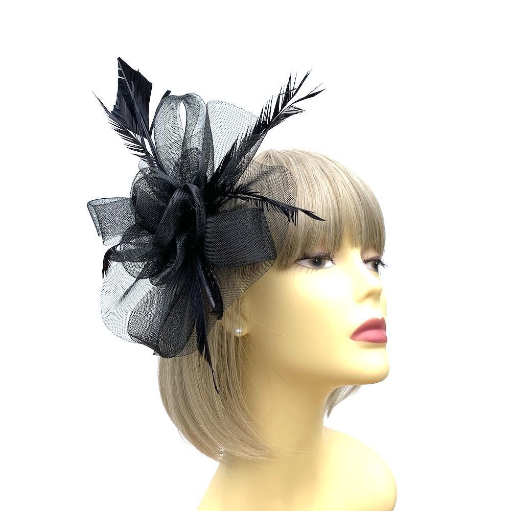 Crin Flower Black Hair Fascinator with Feathers & Quill-Fascinators Direct