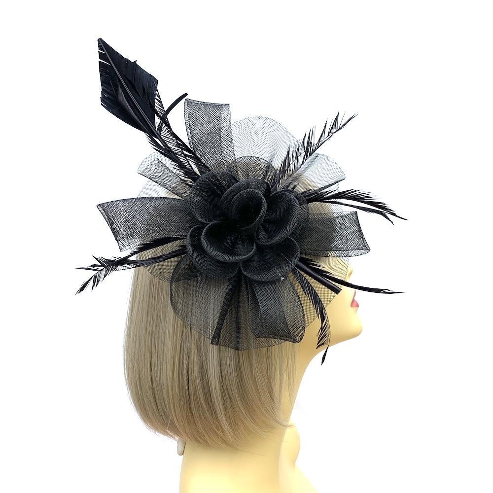 Crin Flower Black Hair Fascinator with Feathers &amp; Quill-Fascinators Direct