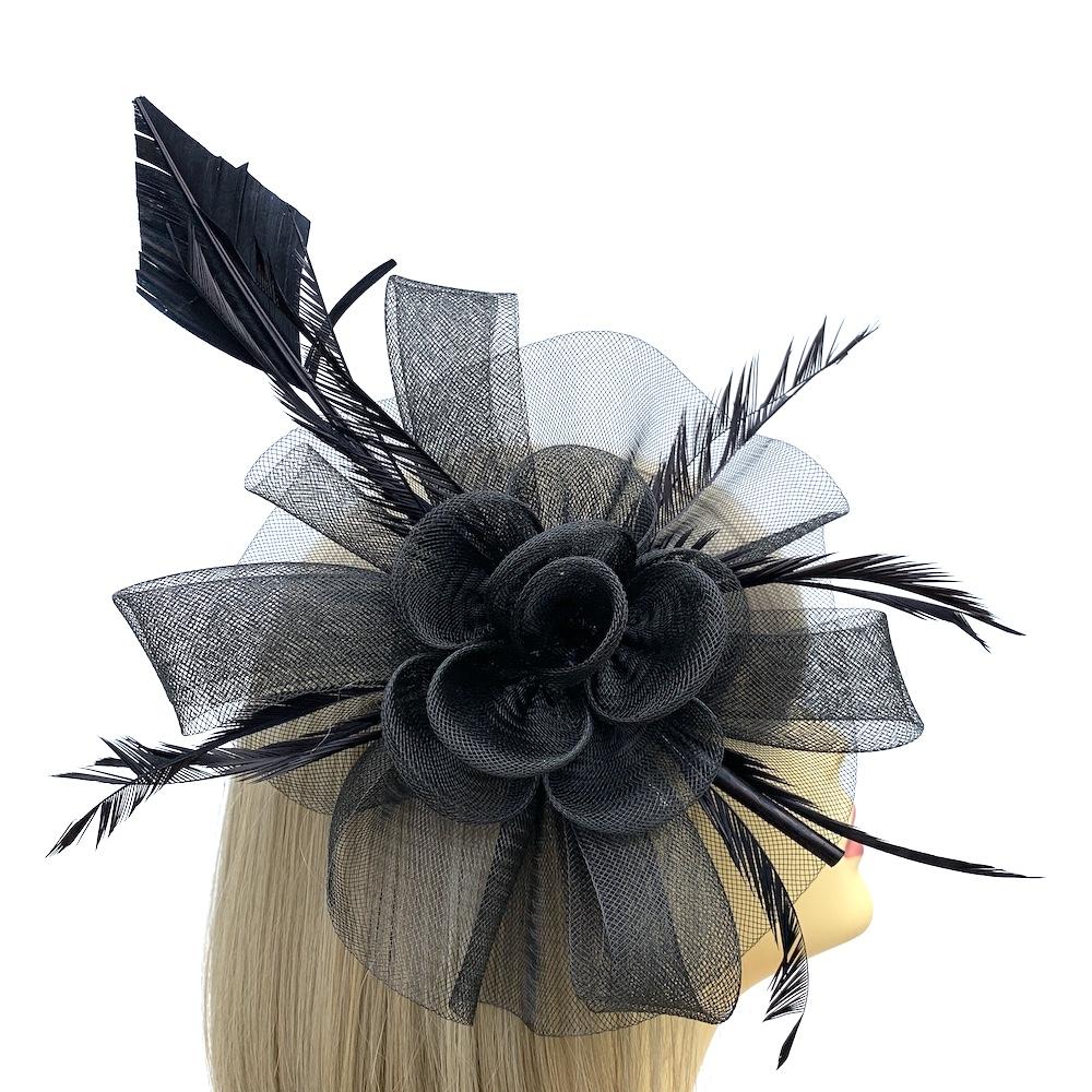 Crin Flower Black Hair Fascinator with Feathers &amp; Quill-Fascinators Direct