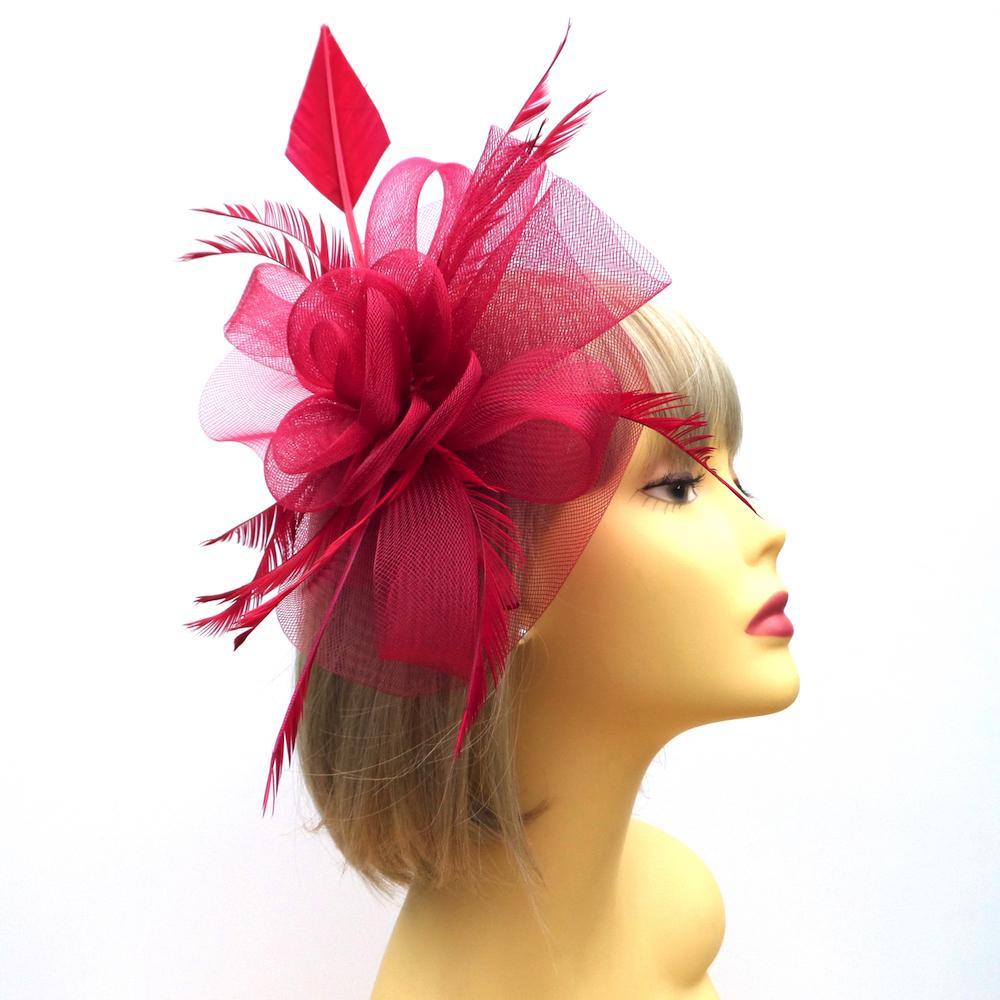 Crin Flower Dark Red Hair Fascinator with Feathers &amp; Quill-Fascinators Direct