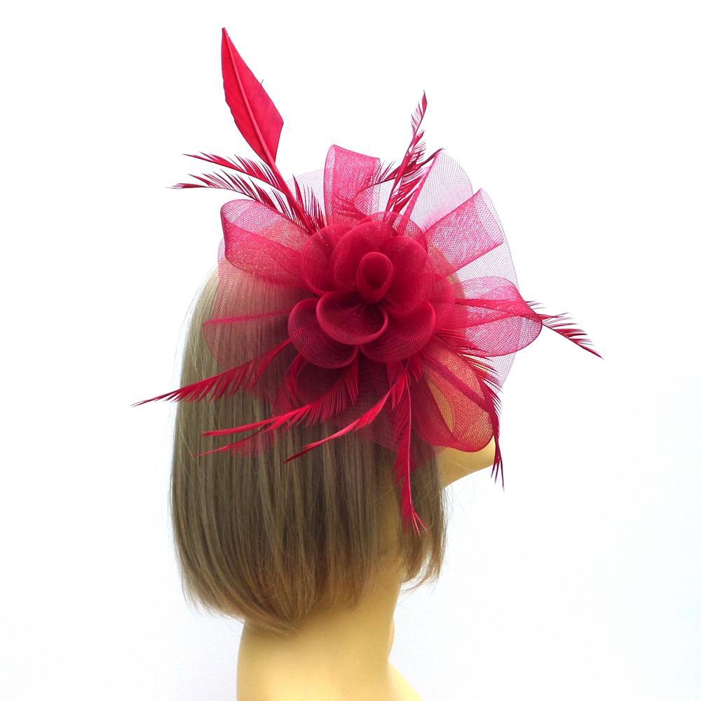 Crin Flower Dark Red Hair Fascinator with Feathers &amp; Quill-Fascinators Direct