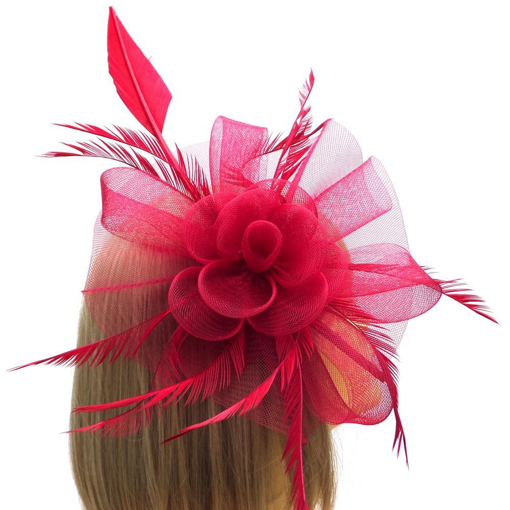 Crin Flower Dark Red Hair Fascinator with Feathers &amp; Quill-Fascinators Direct