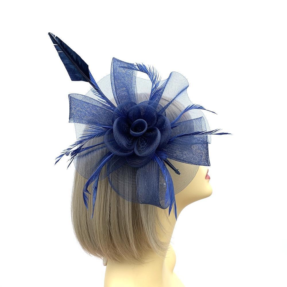 Crin Flower Navy Hair Fascinator with Feathers &amp; Quill-Fascinators Direct
