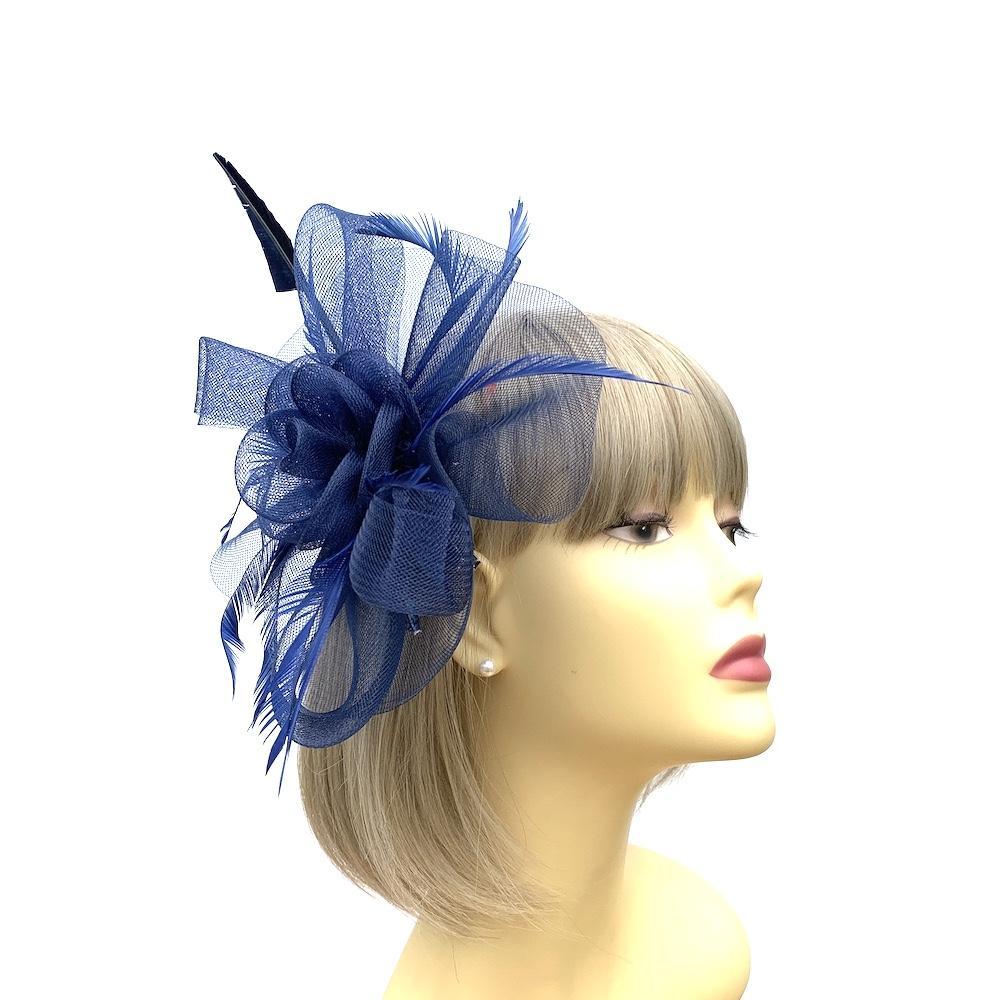 Crin Flower Navy Hair Fascinator with Feathers &amp; Quill-Fascinators Direct