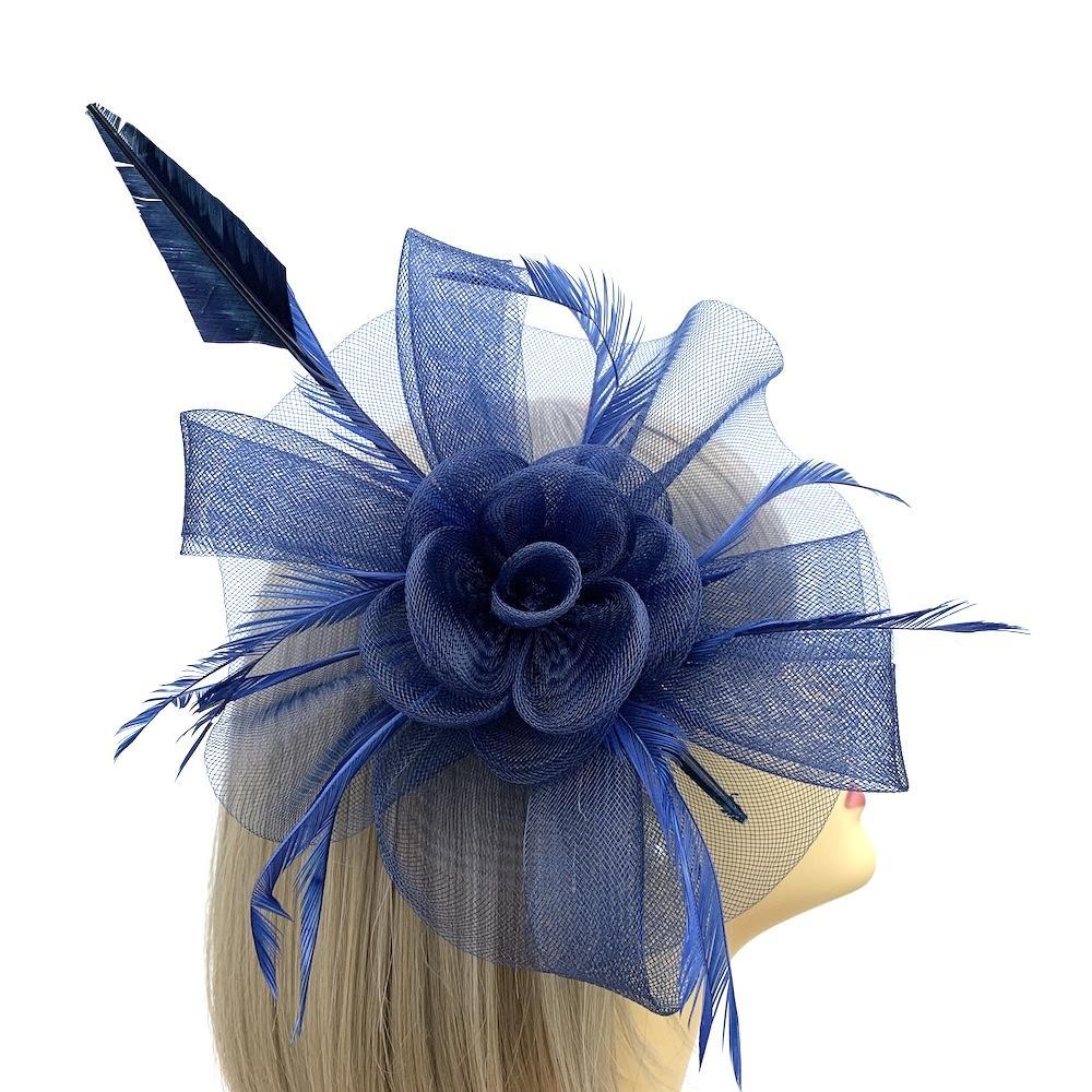 Crin Flower Navy Hair Fascinator with Feathers &amp; Quill-Fascinators Direct
