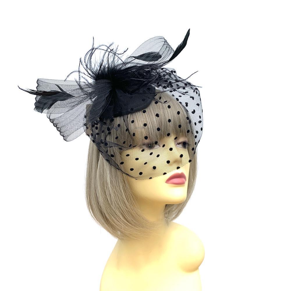 Crin Loops & Feather Hairband Fascinator with Veil - Black-Fascinators Direct