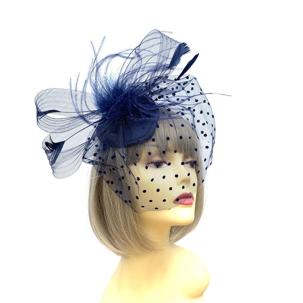 Crin Loops & Feather Hairband Fascinator with Veil - Navy-Fascinators Direct