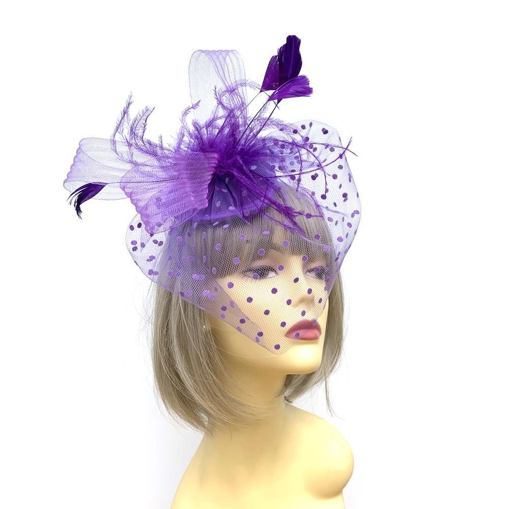 Crin Loops & Feather Hairband Fascinator with Veil - Purple-Fascinators Direct