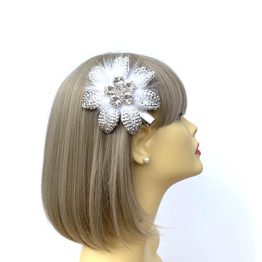 Crystal & Diamante Silver Hair Flower with White Feathers-Fascinators Direct