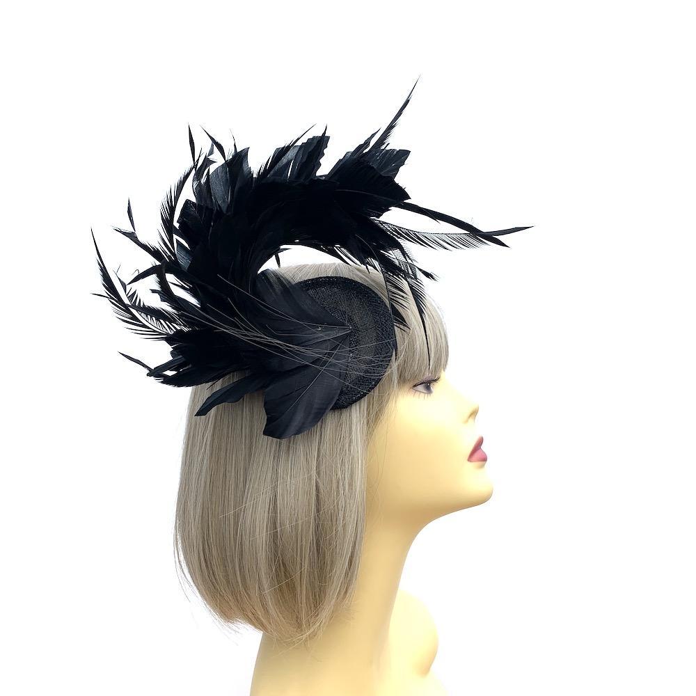 Curled Feather Black Fascinator Hair Clip-Fascinators Direct