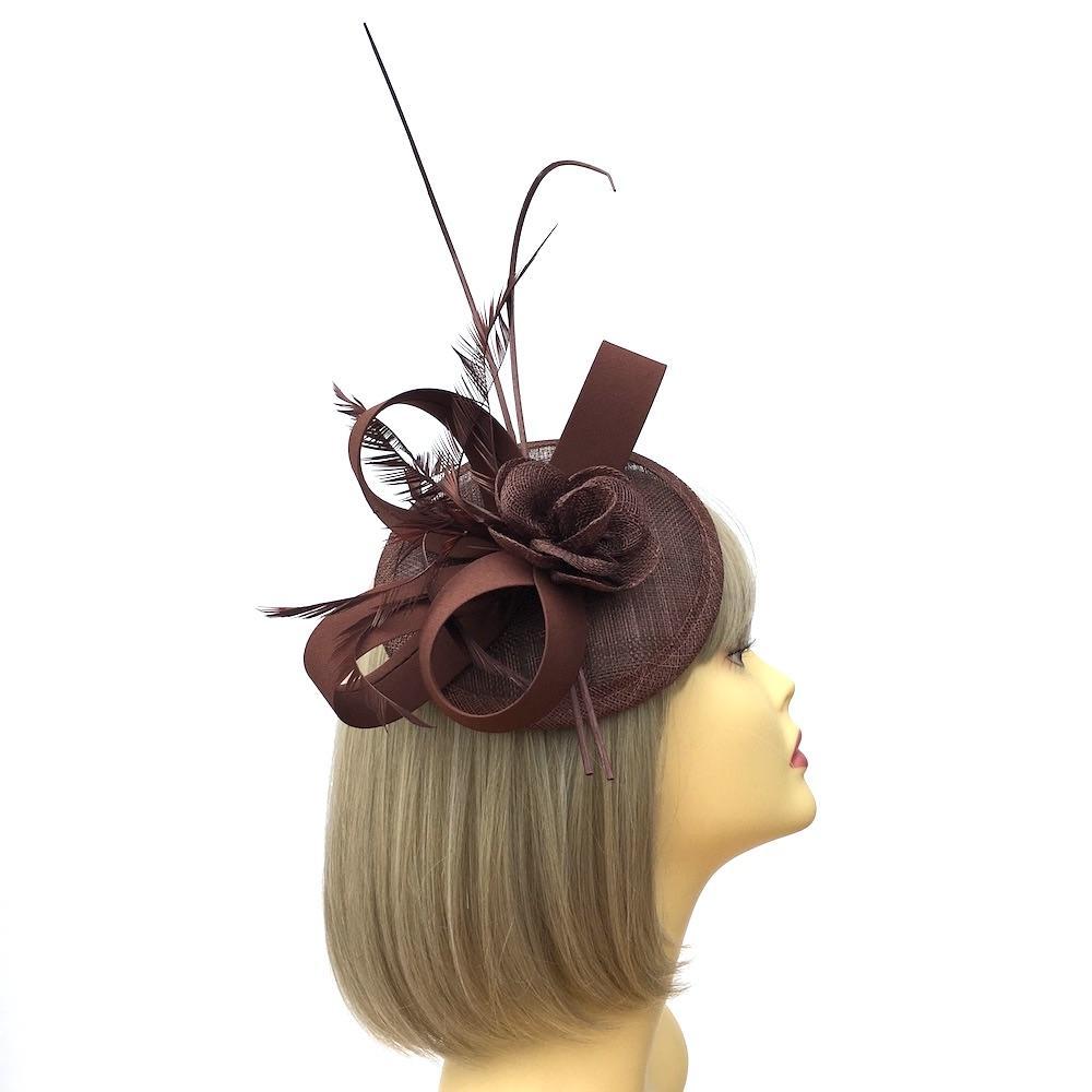 Dark Brown Disc Fascinator with Ribbons, Quills & Feathers-Fascinators Direct