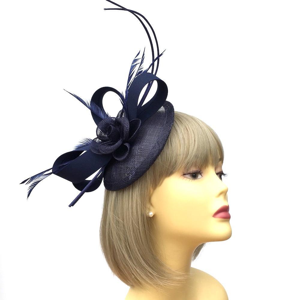 Dark Navy Disc Fascinator with Ribbons, Quills & Feathers-Fascinators Direct