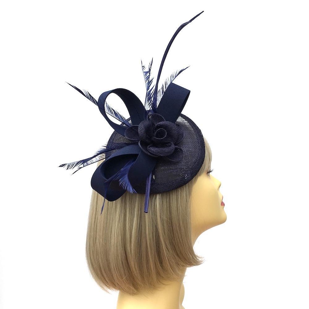 Dark Navy Disc Fascinator with Ribbons, Quills &amp; Feathers-Fascinators Direct