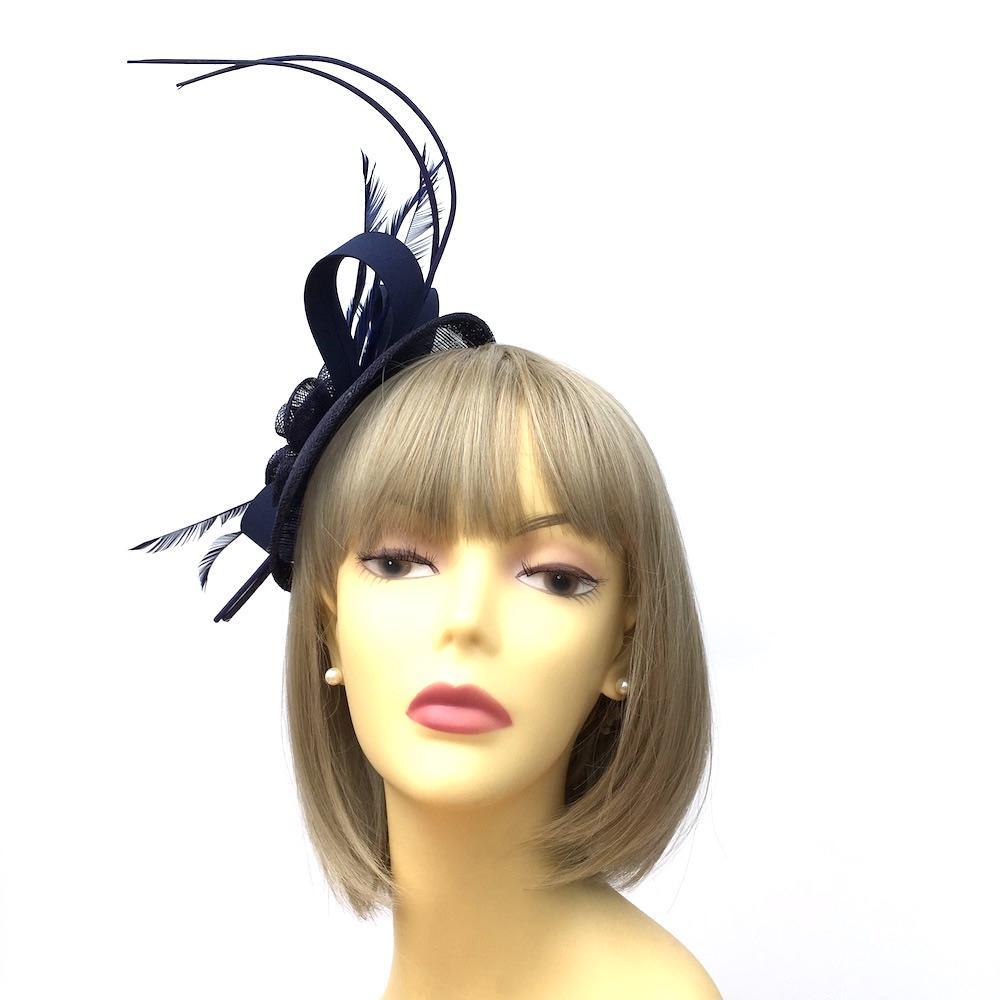 Dark Navy Disc Fascinator with Ribbons, Quills &amp; Feathers-Fascinators Direct