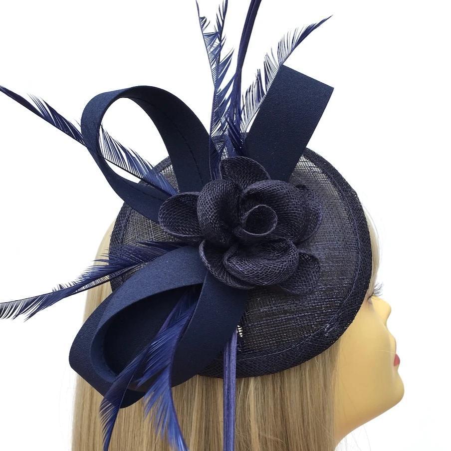 Dark Navy Disc Fascinator with Ribbons, Quills &amp; Feathers-Fascinators Direct