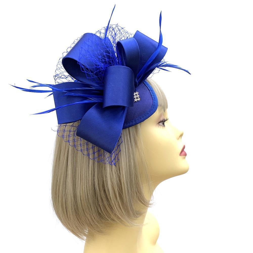Deluxe Cobalt Blue Fascinator with Looped Satin &amp; Diamante Detail-Fascinators Direct
