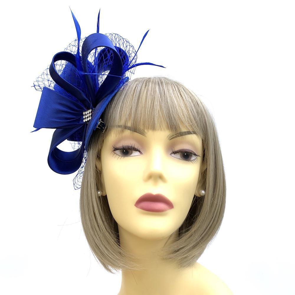 Deluxe Cobalt Blue Fascinator with Looped Satin &amp; Diamante Detail-Fascinators Direct