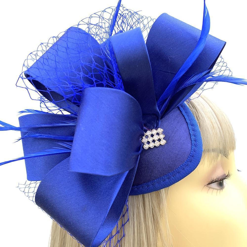 Deluxe Cobalt Blue Fascinator with Looped Satin &amp; Diamante Detail-Fascinators Direct