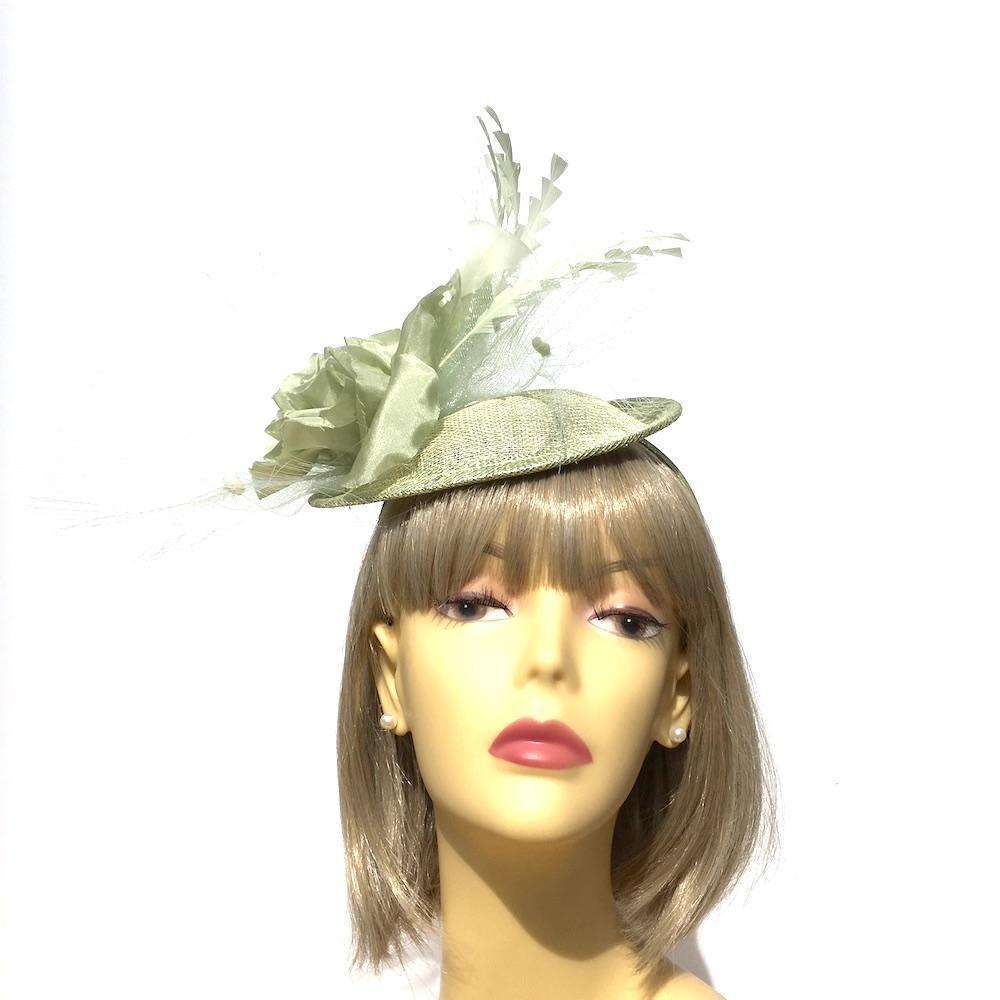 Deluxe Collection Pale Green Fascinator Hat with Large Flower &amp; Feathers-Fascinators Direct