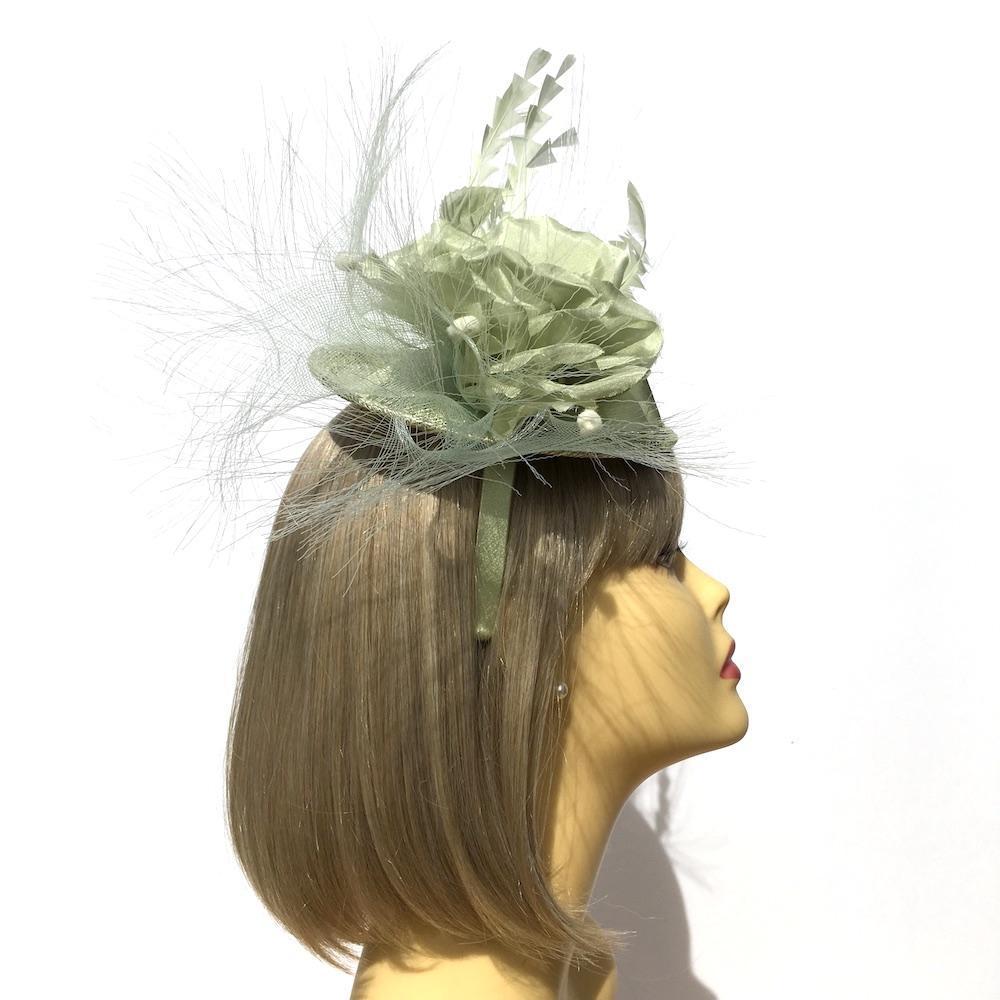 Deluxe Collection Pale Green Fascinator Hat with Large Flower &amp; Feathers-Fascinators Direct