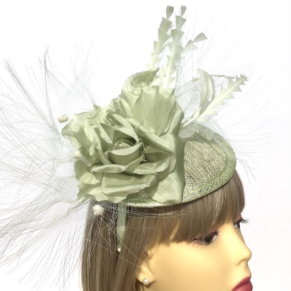 Deluxe Collection Pale Green Fascinator Hat with Large Flower &amp; Feathers-Fascinators Direct