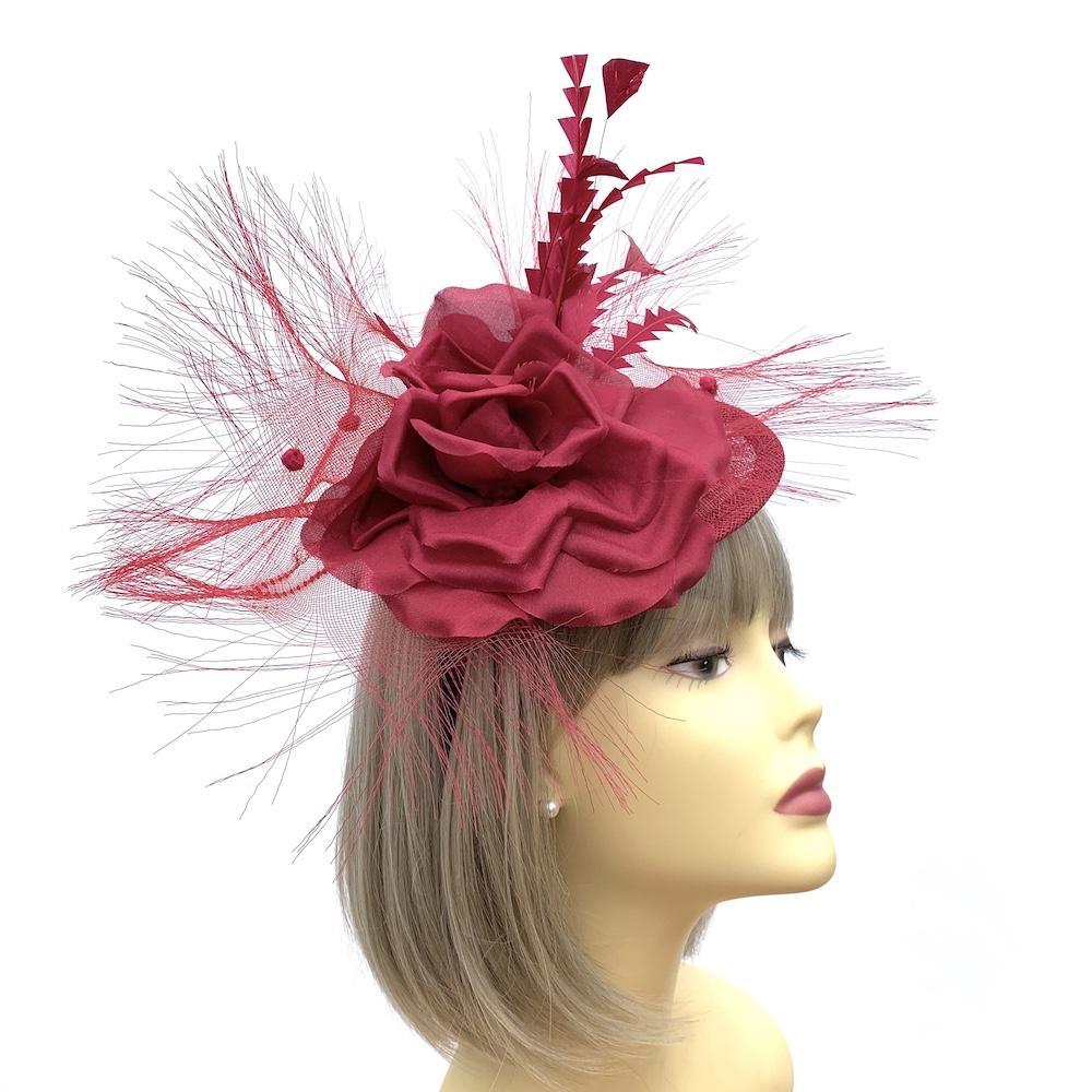 Deluxe Collection Wine Fascinator Hat with Large Flower & Feathers-Fascinators Direct