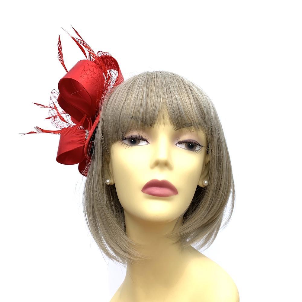 Deluxe Red Fascinator with Looped Satin &amp; Diamante Detail-Fascinators Direct