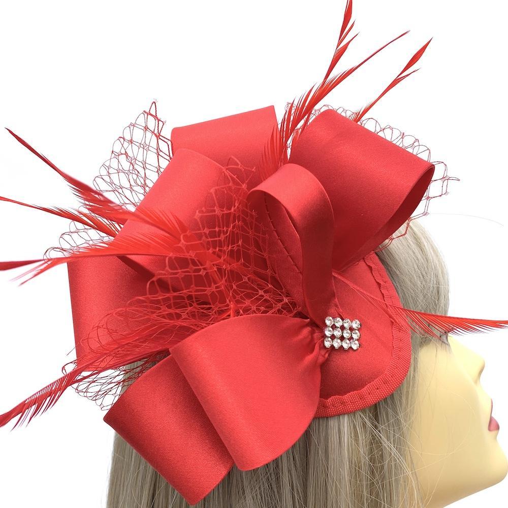 Deluxe Red Fascinator with Looped Satin &amp; Diamante Detail-Fascinators Direct