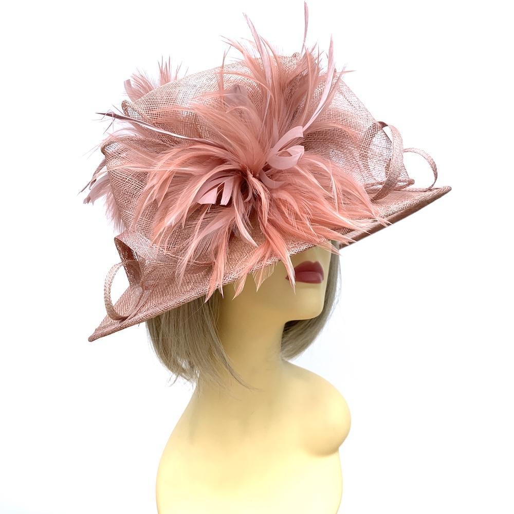 Dusky Pink Wedding Hat with Feather Flower-Fascinators Direct