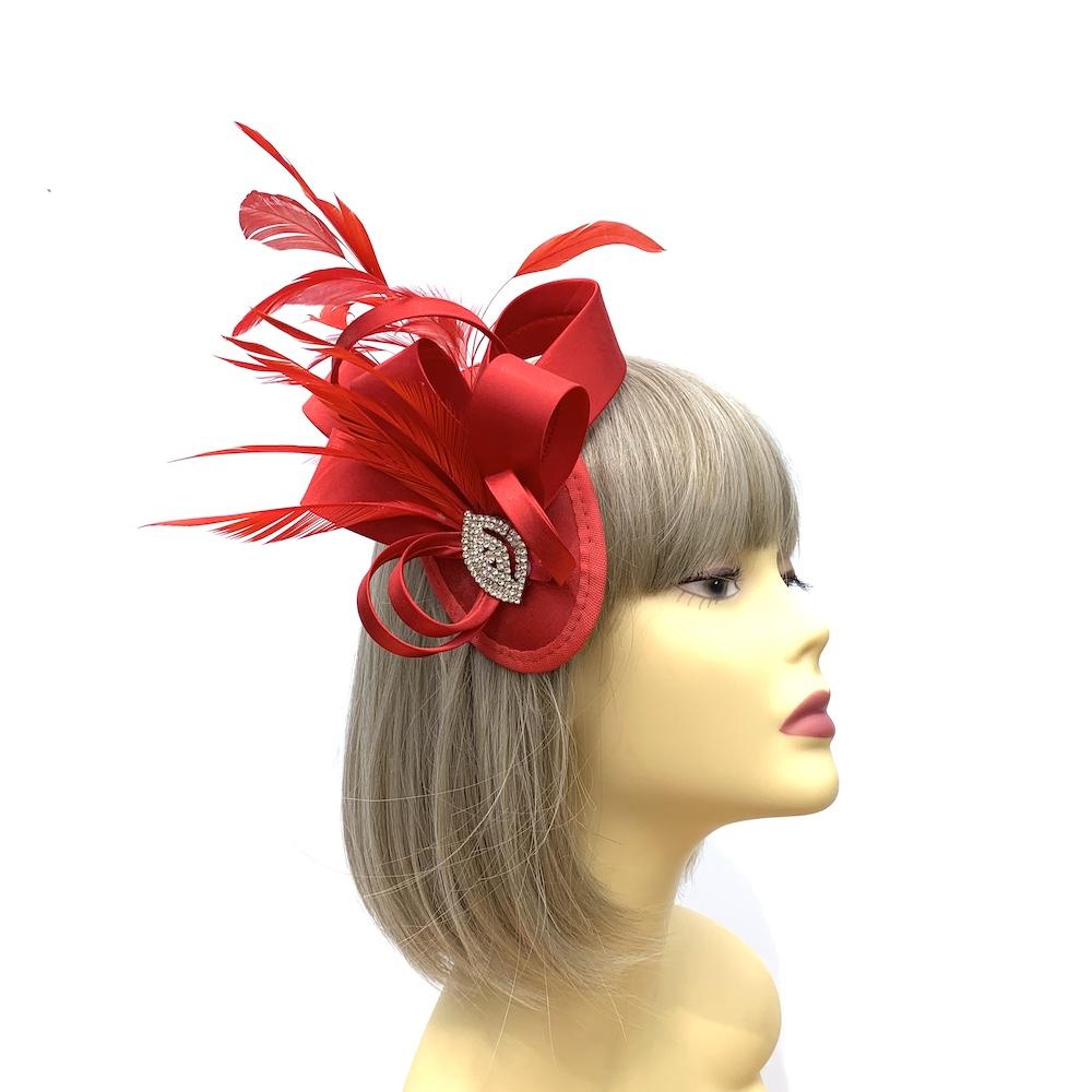 Elegant Red Satin Fascinator with Crystal Embellishment-Fascinators Direct