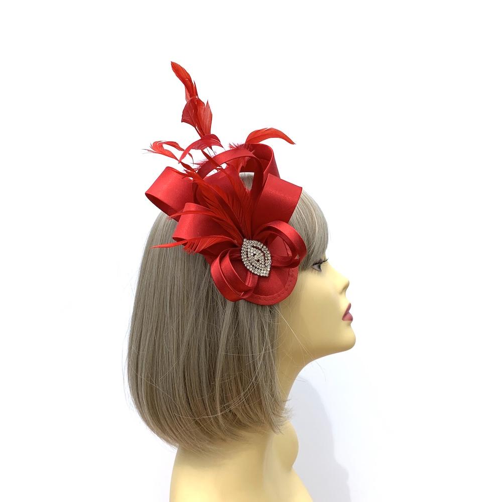 Elegant Red Satin Fascinator with Crystal Embellishment-Fascinators Direct