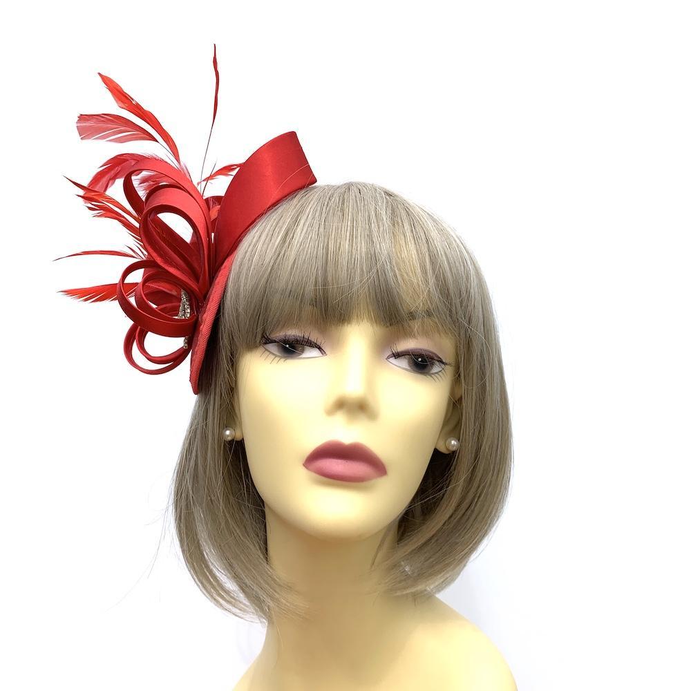 Elegant Red Satin Fascinator with Crystal Embellishment-Fascinators Direct