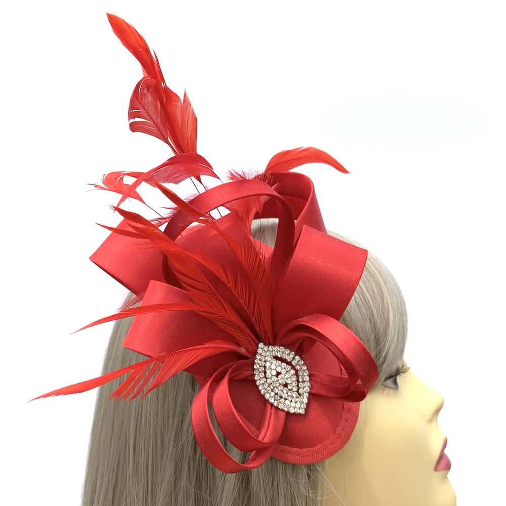 Elegant Red Satin Fascinator with Crystal Embellishment-Fascinators Direct