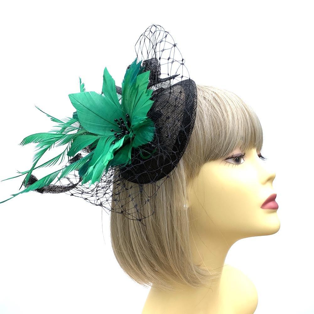 Emerald Green &amp; Black Hair Fascinator with Large Green Flower &amp; Feathers-Fascinators Direct