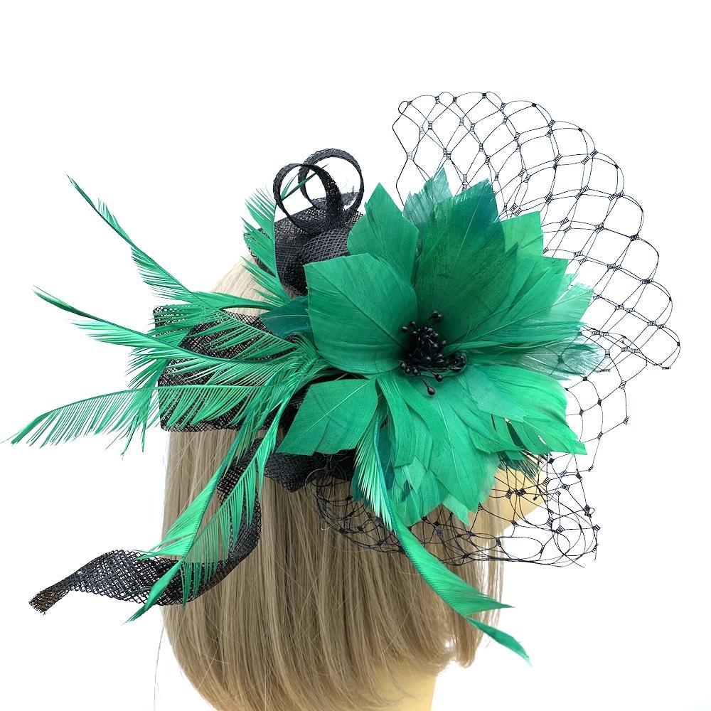 Emerald Green &amp; Black Hair Fascinator with Large Green Flower &amp; Feathers-Fascinators Direct