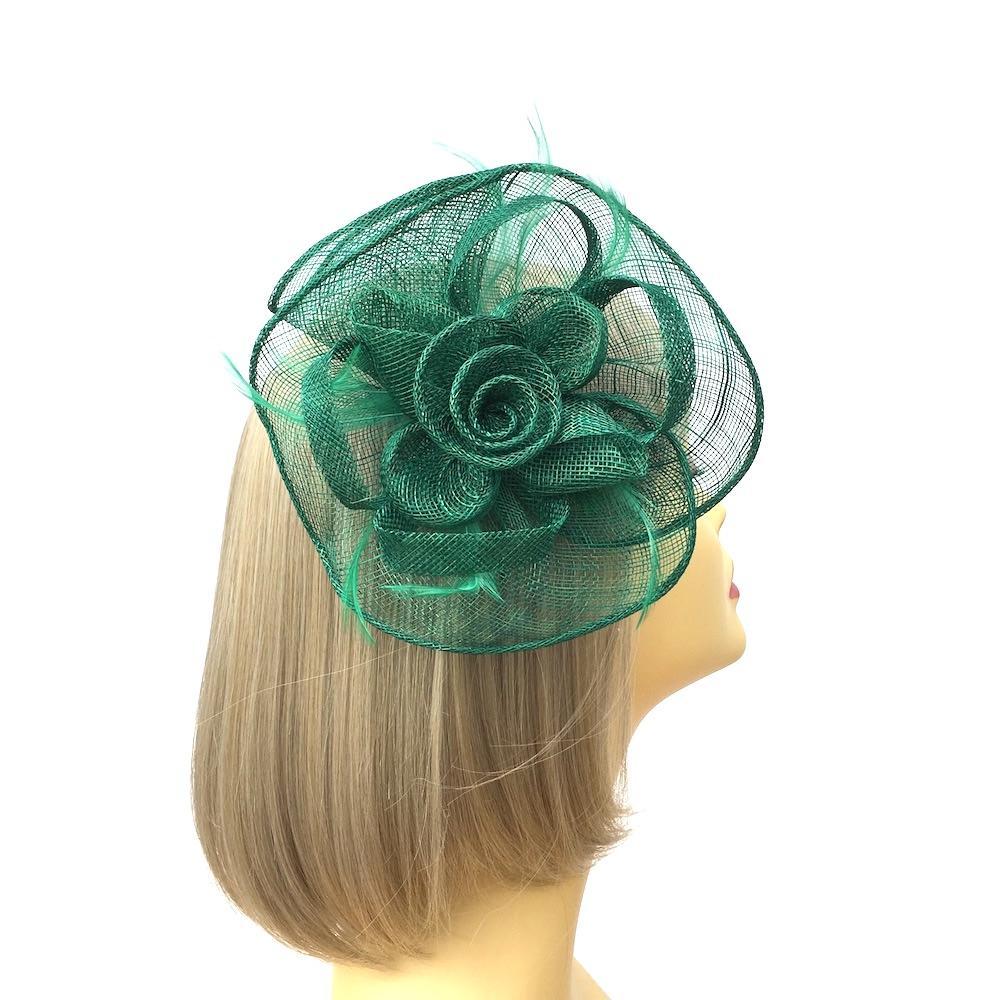 Emerald Green Fascinator Clip with Folded Sinamay Flower-Fascinators Direct