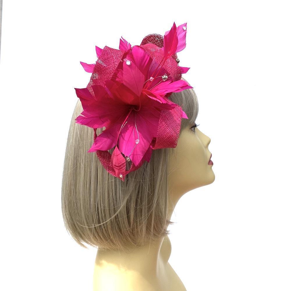 Feather &amp; Mesh Hot Pink Fascinator with Diamante Beads-Fascinators Direct