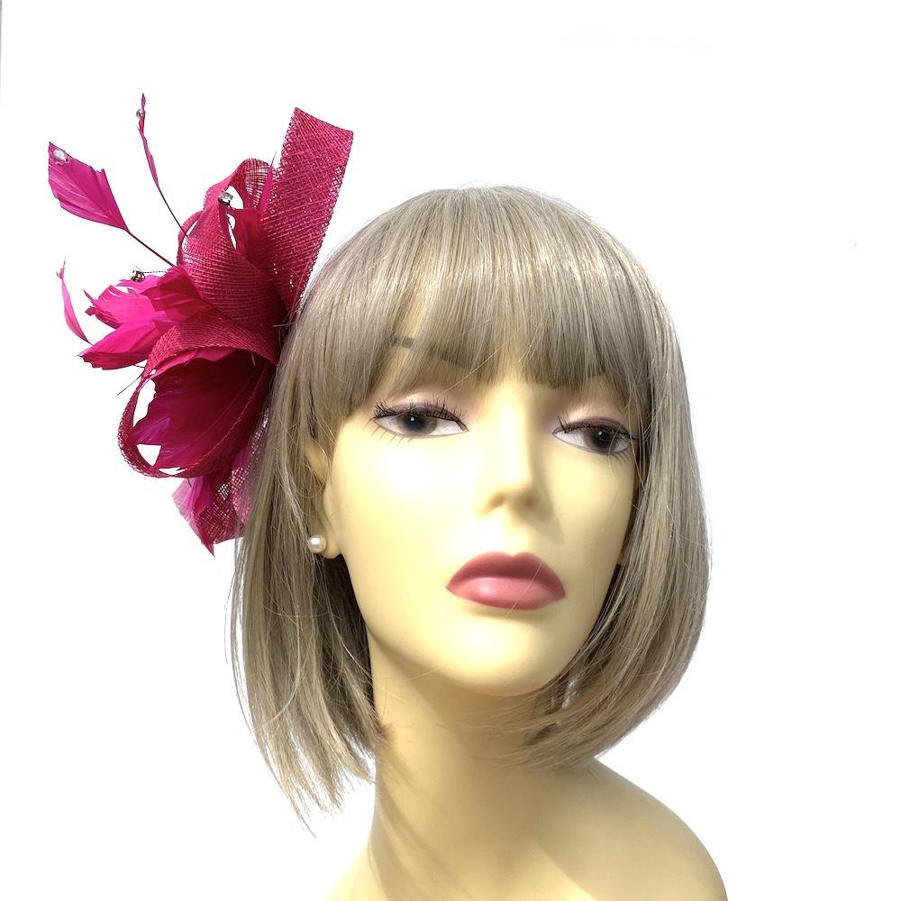 Feather &amp; Mesh Hot Pink Fascinator with Diamante Beads-Fascinators Direct