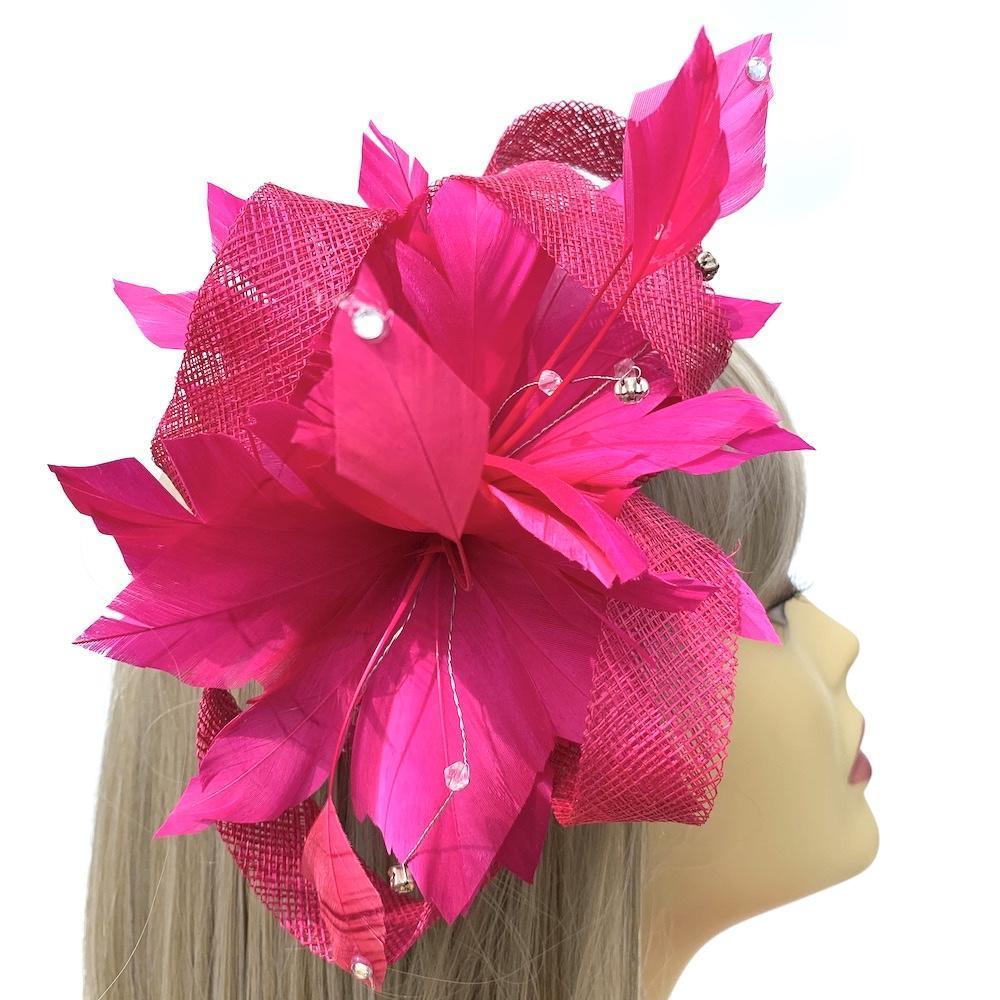 Feather &amp; Mesh Hot Pink Fascinator with Diamante Beads-Fascinators Direct
