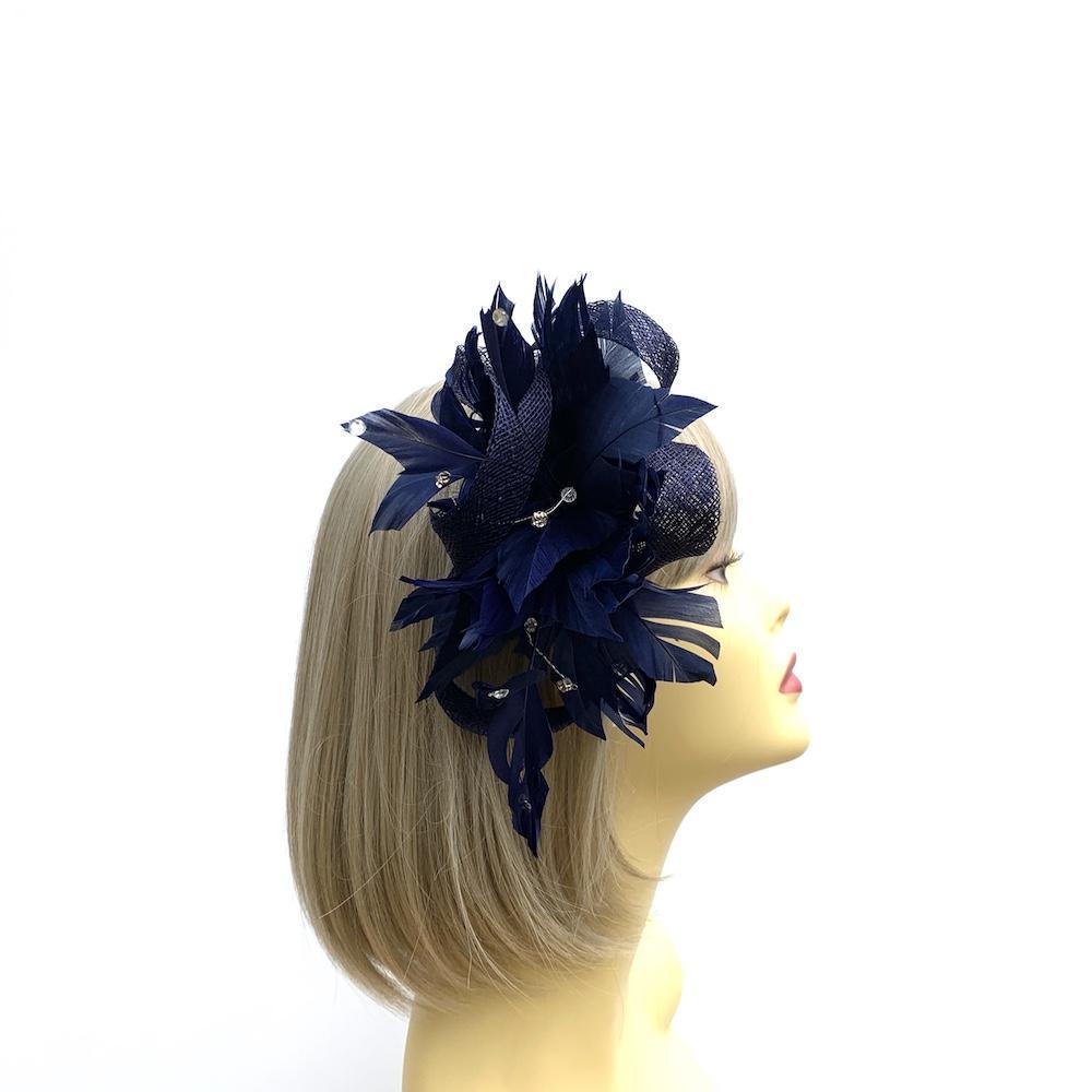 Feather & Mesh Navy Fascinator with Diamante Beads-Fascinators Direct