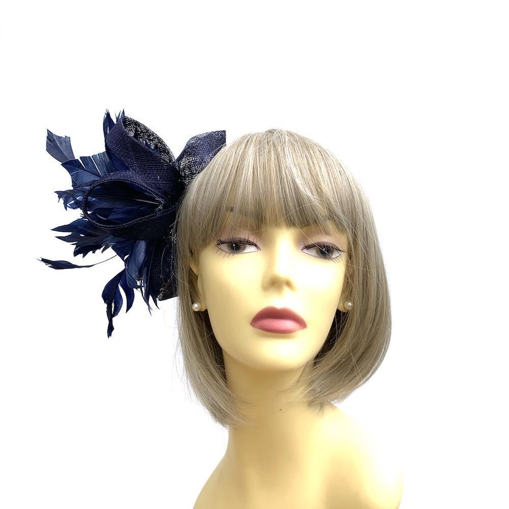 Feather &amp; Mesh Navy Fascinator with Diamante Beads-Fascinators Direct