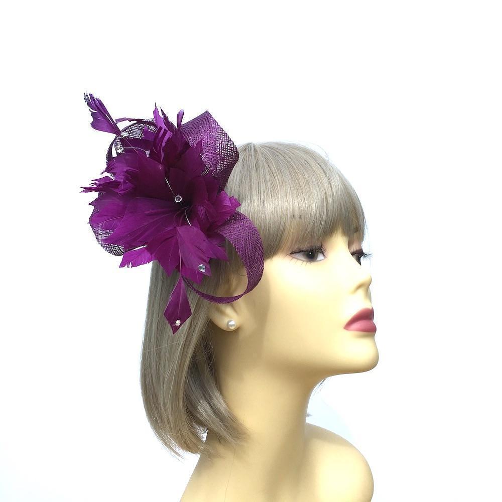 Feather &amp; Mesh Purple Fascinator with Diamante Beads-Fascinators Direct